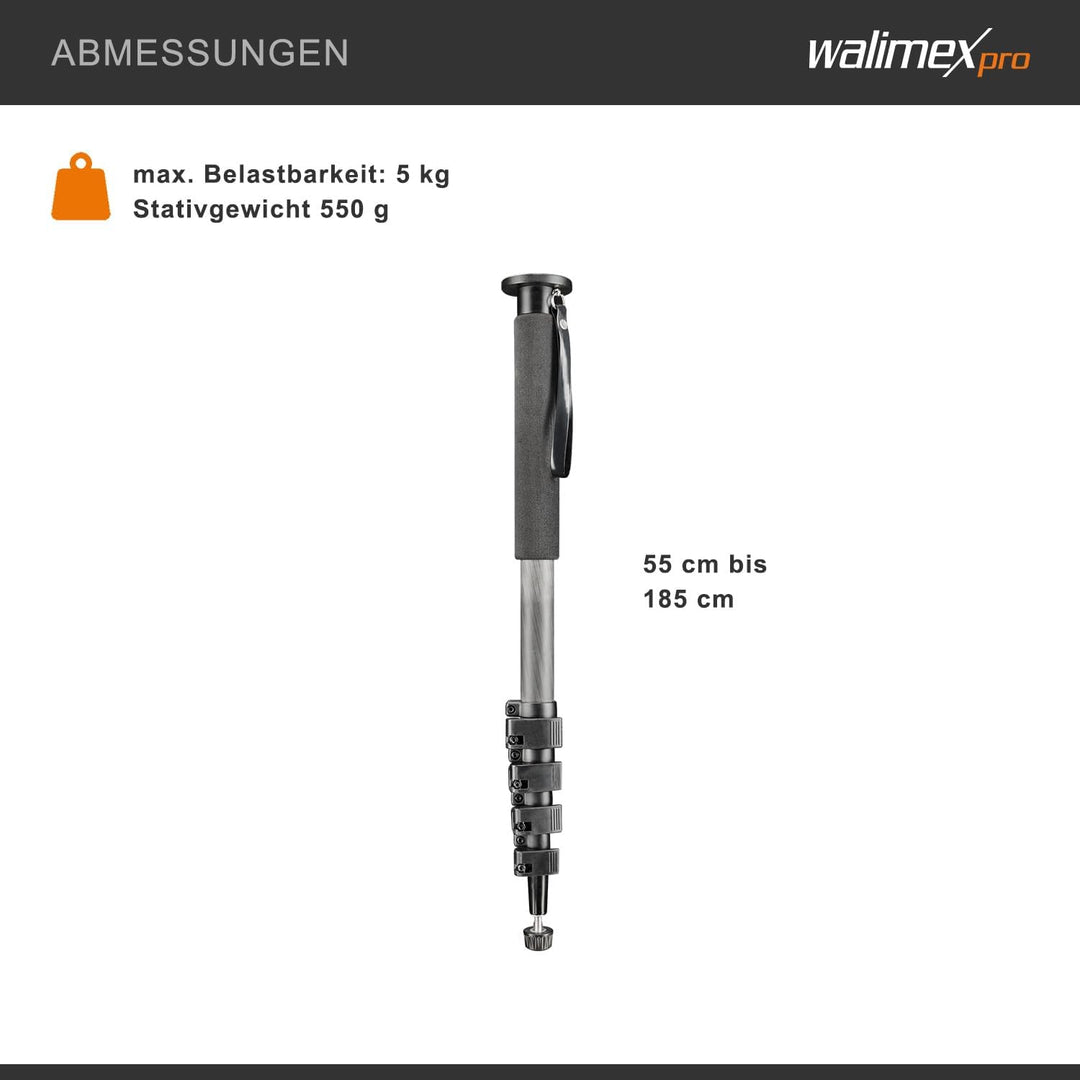 Walimex Pro WAL-1983 Carbon-Pro-Einbeinstativ (185 cm max. Höhe) ohne Kugelkopf, ohne Kugelkopf