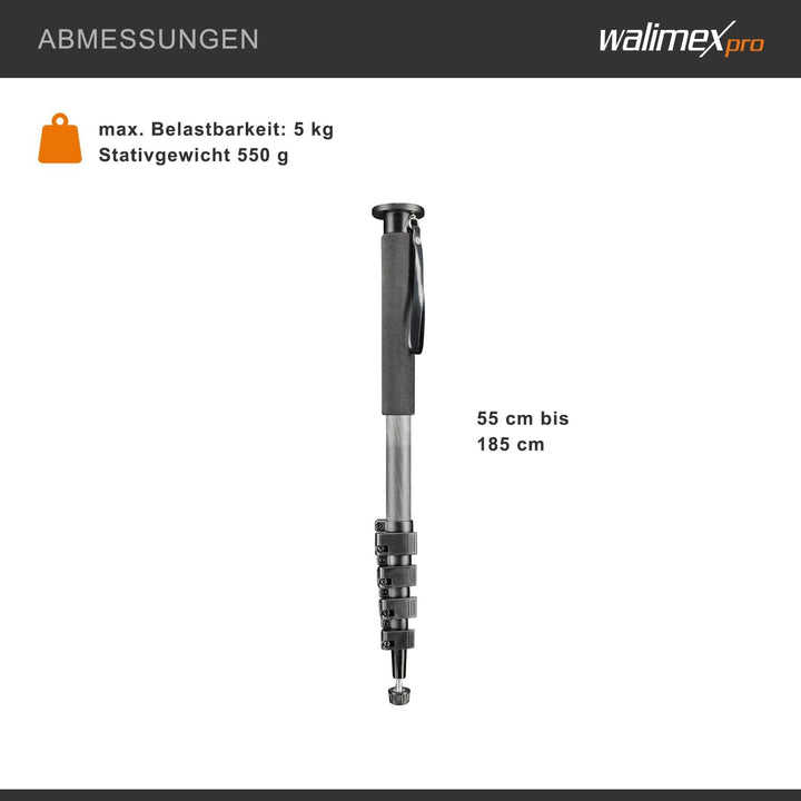 Walimex Pro WAL-1983 Carbon-Pro-Einbeinstativ (185 cm max. Höhe) ohne Kugelkopf, ohne Kugelkopf