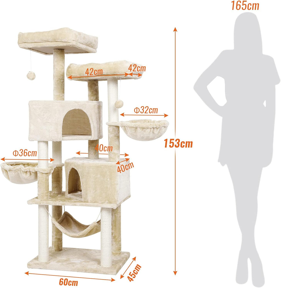 MSmask Kratzbaum gross 153 cm hoch, Katzenbaum für Gross Katzen mit 2 grosser Plattform, gross Höhle