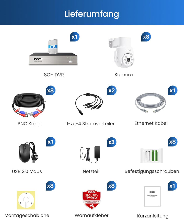ZOSI 5MP Kabelgebunden Überwachungskamera Set mit Audio, 8CH 1TB DVR und 8X PTZ Domekameras Aussen,