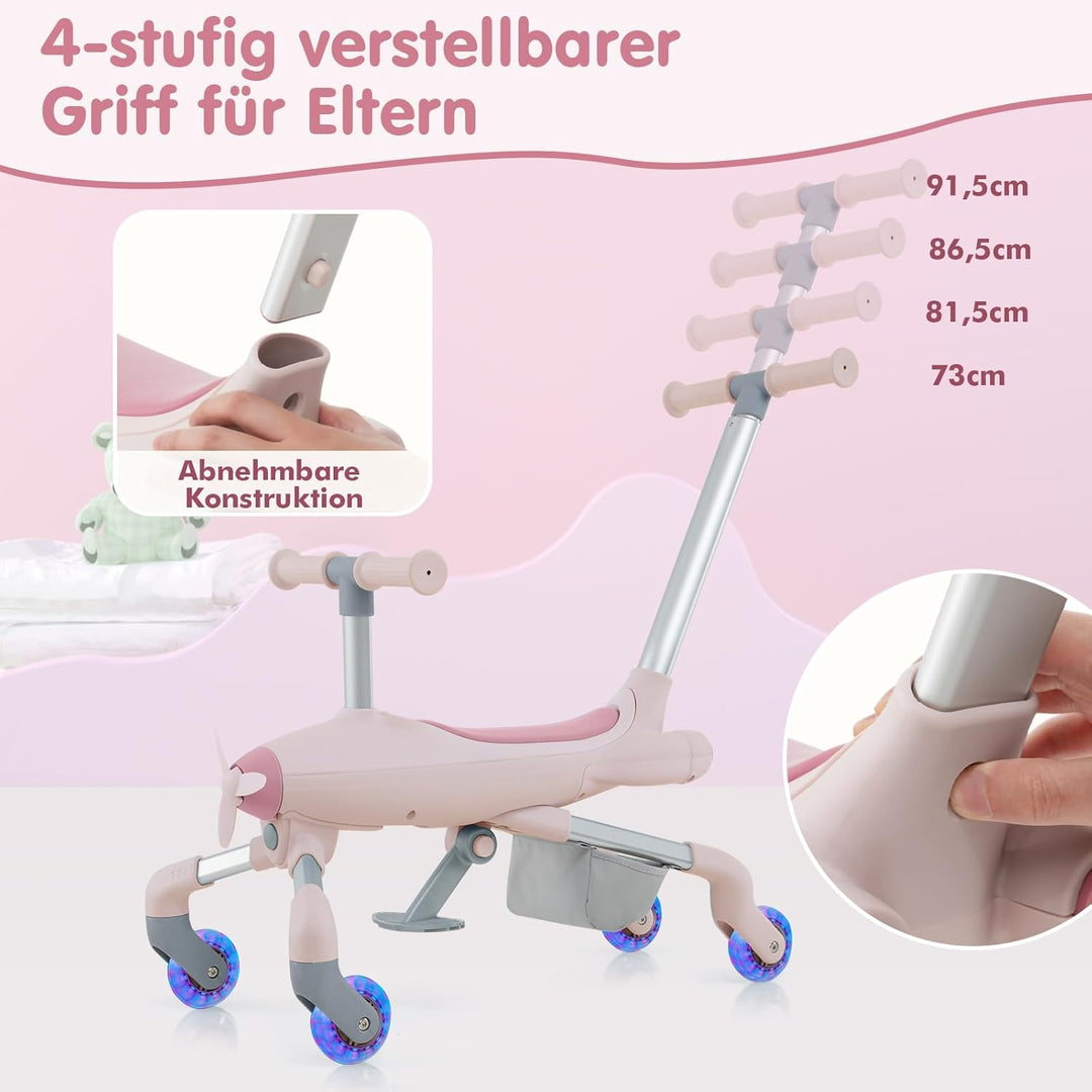 DREAMADE 2-in-1 Rutschauto, Flugzeug-Form Rutscherfahrzeug mit LED-Leuchten Rädern, Verstellbarer Sc