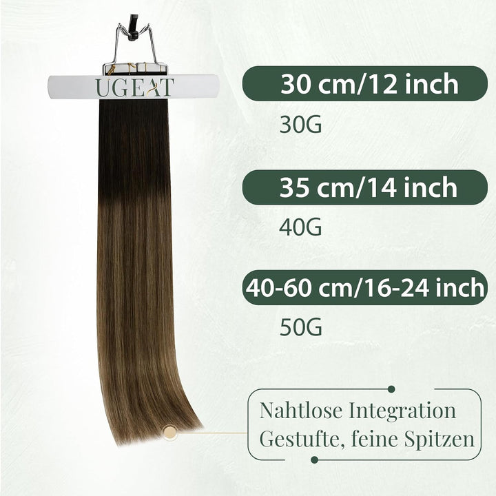 Ugeat Invisible Tape Extensions Echthaar 30cm Braun Balayage Seidig Haarverlängerung Echthaar Tapes