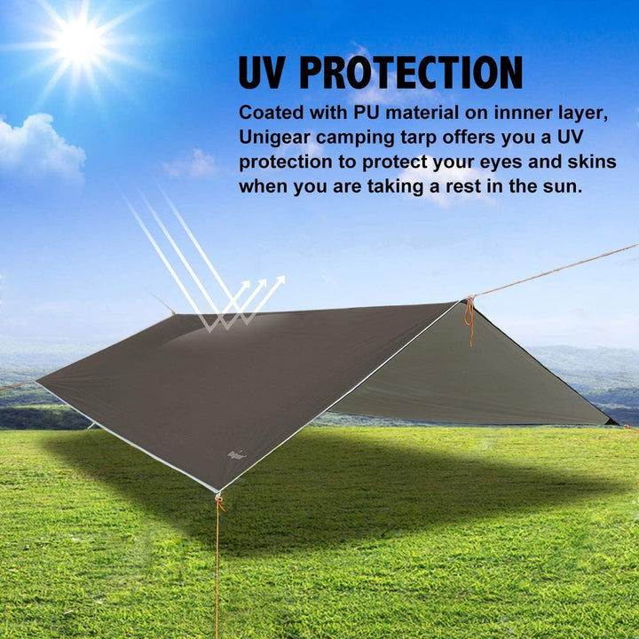 Unigear Tarp 3x3 3x4 3x5 4x4 wasserdicht, Zeltplane für Hängematte mit Ösen + 6/8 Erdnägel + 6/8 Sei