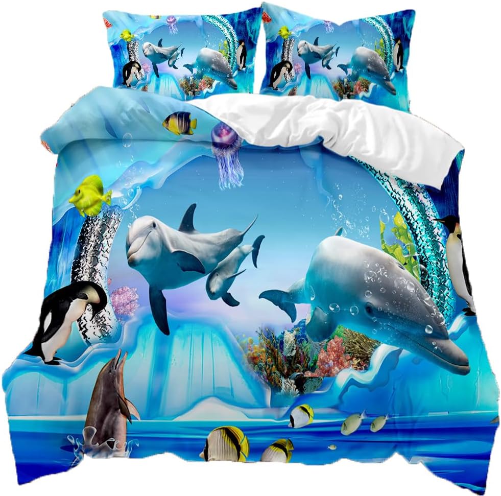 EHAOKK 3D Meer Tier Bettwäsche Set,Delfin,Tropischer Fisch,Korallen,Meeresleben Bettbezug,Blaue Unte