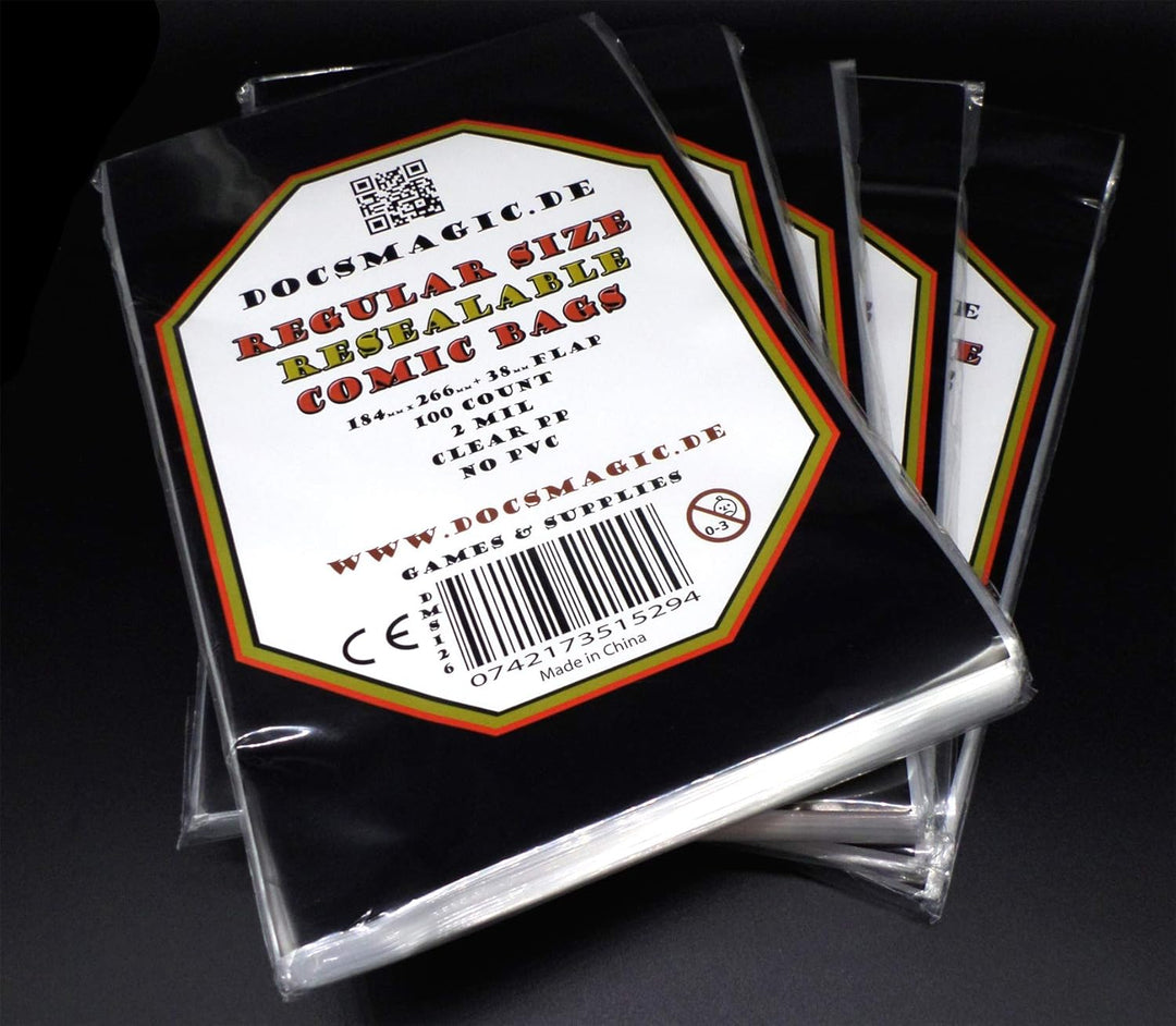 docsmagic.de 5 x 100 Resealable Regular Size Comic Bags 184 x 266-2 Mil - Hüllen mit Lasche - Wieder