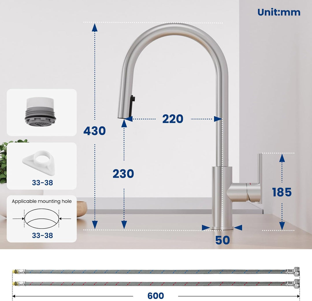 CECIPA Wasserhahn Küche Ausziehbar, Hochdruck Küchenarmatur mit Kehrspray Wasserstrahlarten, Küche M