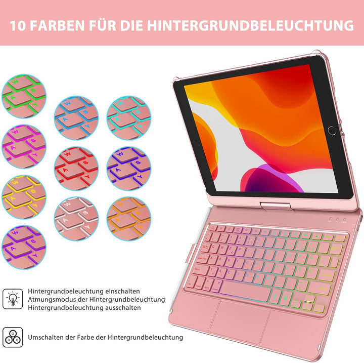 Tastatur Hülle für iPad 10.2 Zoll,für iPad 9/8/7 Generation Hülle,360° Touchpad Flip Hartschale Slim