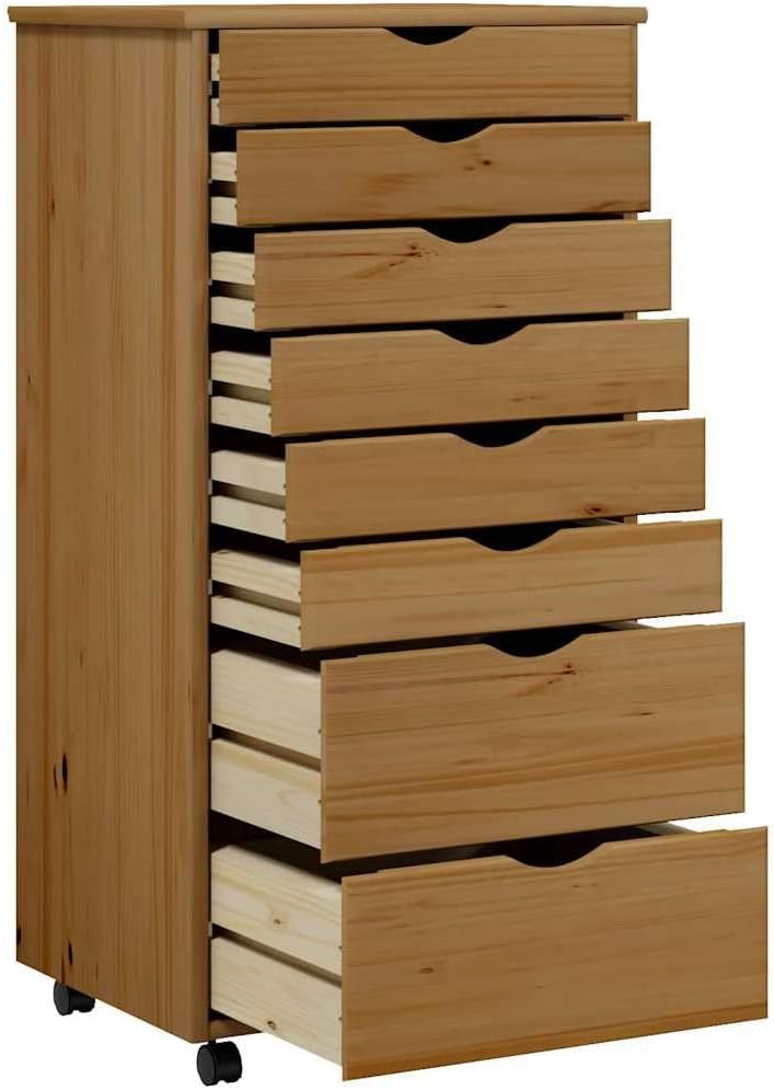 Rollschrank mit Schubladen Moss Honigbraun Massivholz Kiefer Rollcontainer mit 8 Schubladen, Mobiler