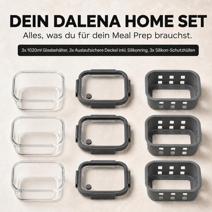 Meal Prep Boxen Set 3x1020ml – Borosilikatglas, auslaufsicher, stapelbar, mikrowellengeeignet, mit S