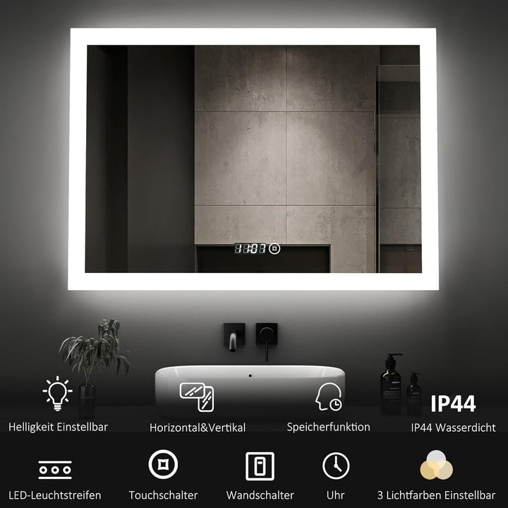 Boromal Badspiegel mit Beleuchtung und Uhr 80x60cm Badezimmer Spiegel mit Beleuchtung 3 Lichtfarbe D