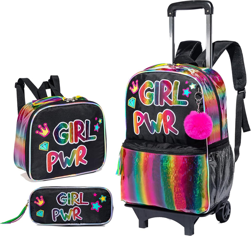 HTgroce Coole Mädchen Schwarz Trolley Rucksack 2 in 1 Kinderkoffer Rucksack with Lunchpaket Schreibw