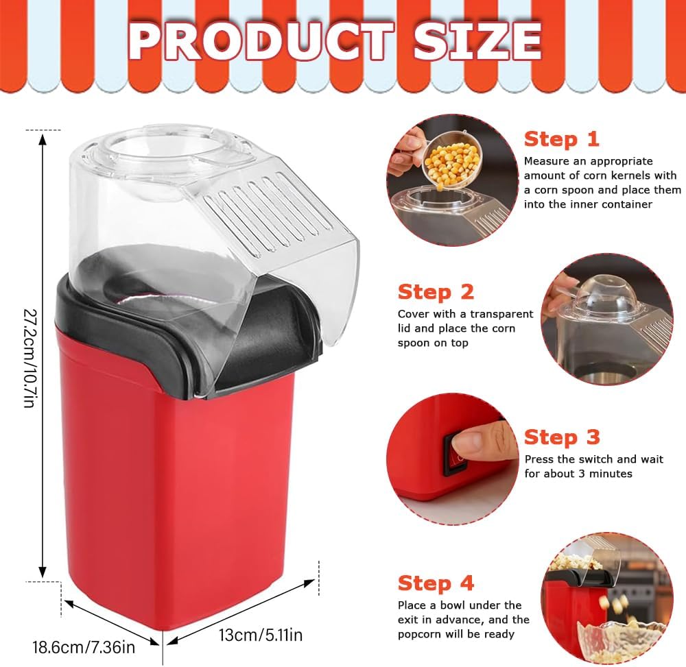 Popcornmaschine Heissluft, 1200w Mini Popcornmaschine mit Messbecher, Transparente Abdeckung Gesund&amp;