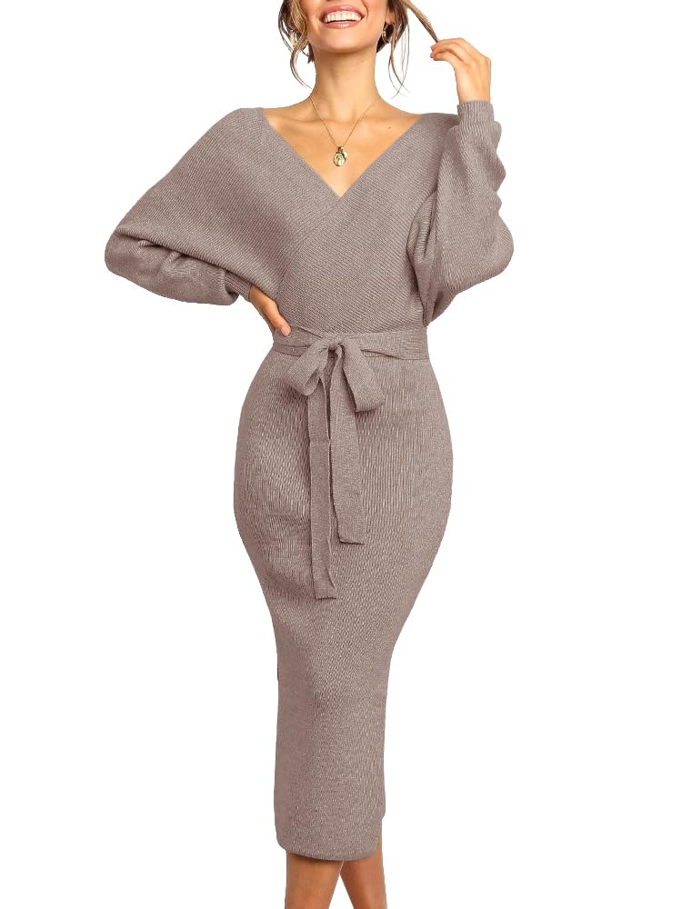 Saodimallsu Damen V-Ausschnitt Pulloverkleid Strickkleid Langarm Pullover Schlitz Offener Rücken Fig