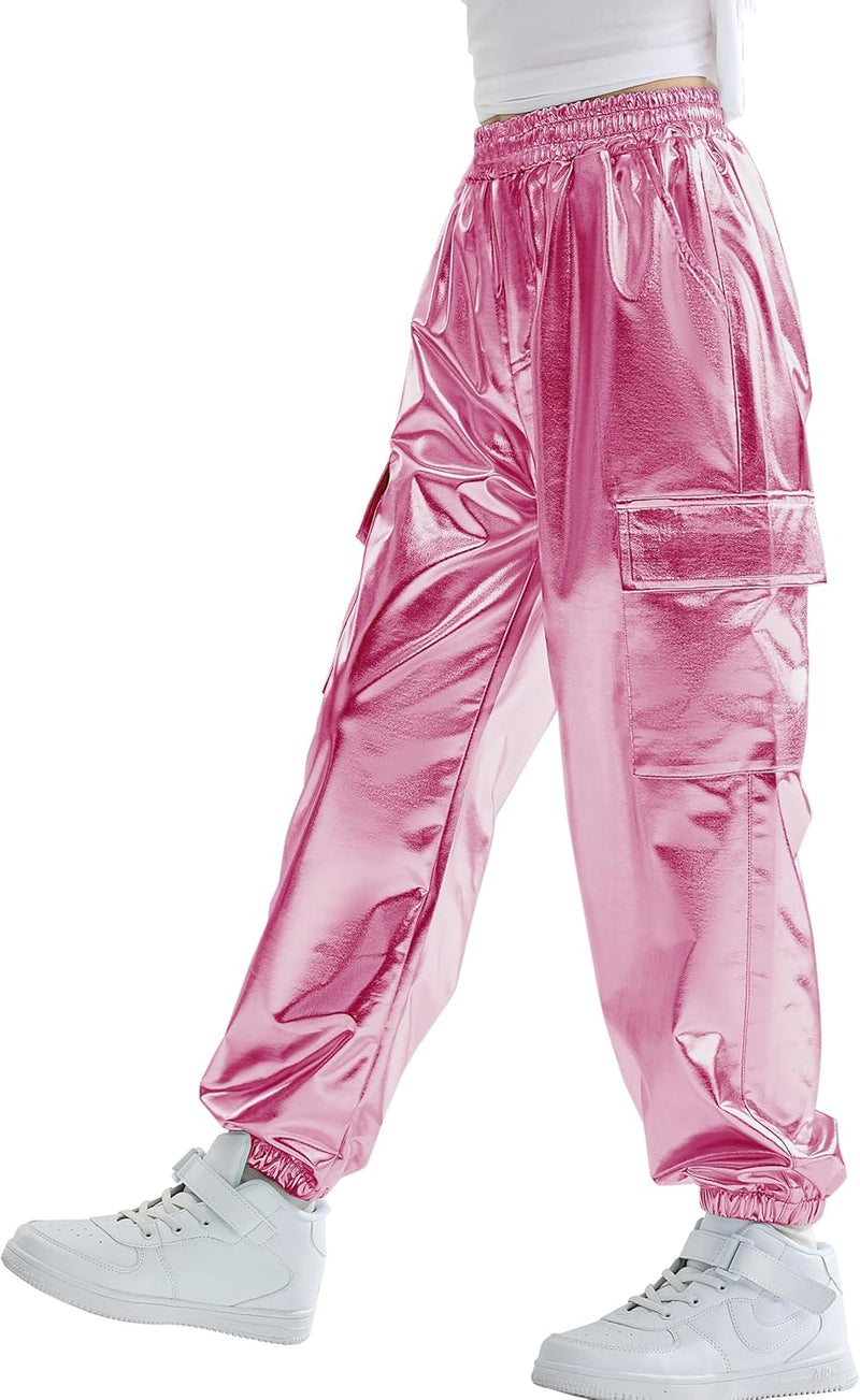 Rolanko Kinder Cargo Hose Elastische Taille Jogger Tanz Hose für Mädchen Streetwear Hip Hop Hellrosa
