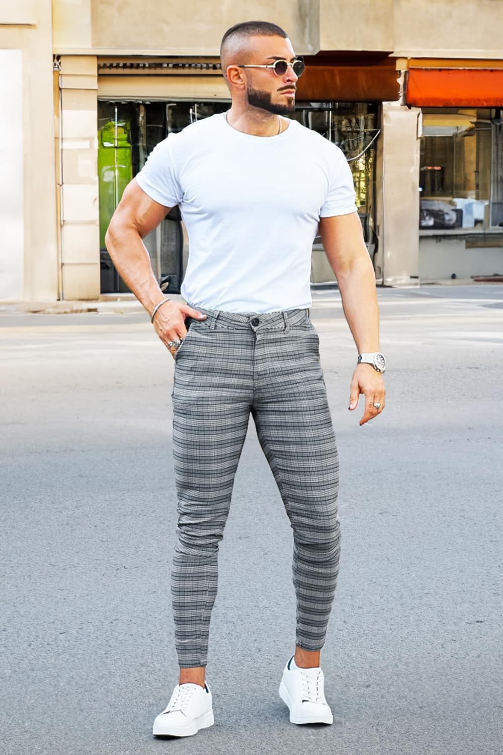 GINGTTO Herren Chino Hose Skinny Stretch Chinohose Karo Slim fit Stoffhose Check Tapered Casual Pant