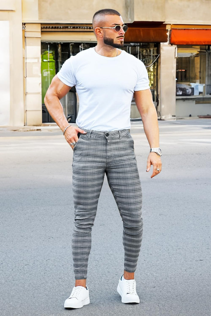 GINGTTO Herren Chino Hose Skinny Stretch Chinohose Karo Slim fit Stoffhose Check Tapered Casual Pant