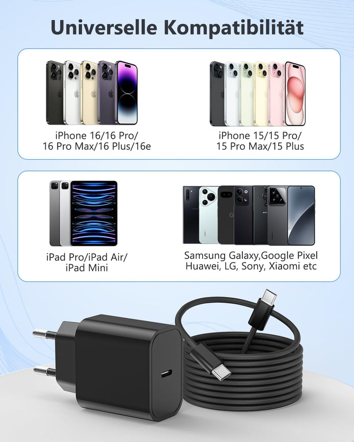 2-Pack 25W iPhone Ladegerät, USB C Stecker Schnellladegerät mit Kabel 2M, Netzteil für iPhone 17/17