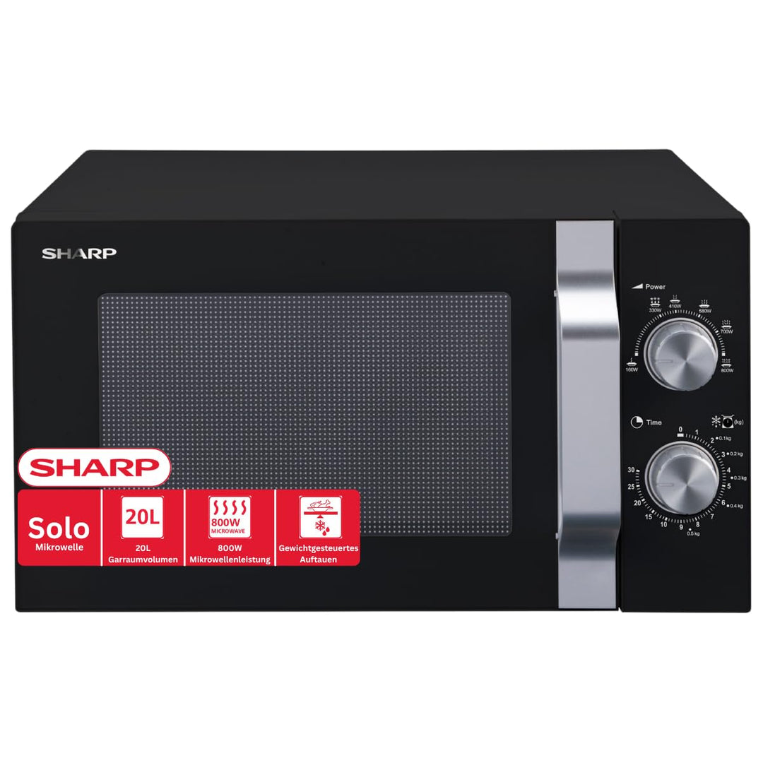 Sharp R204BA Solo-Mikrowelle,20 L,800 W,6 Leistungsstufen,Timer von 30 Minuten bis 00 Sekunden,Schwa