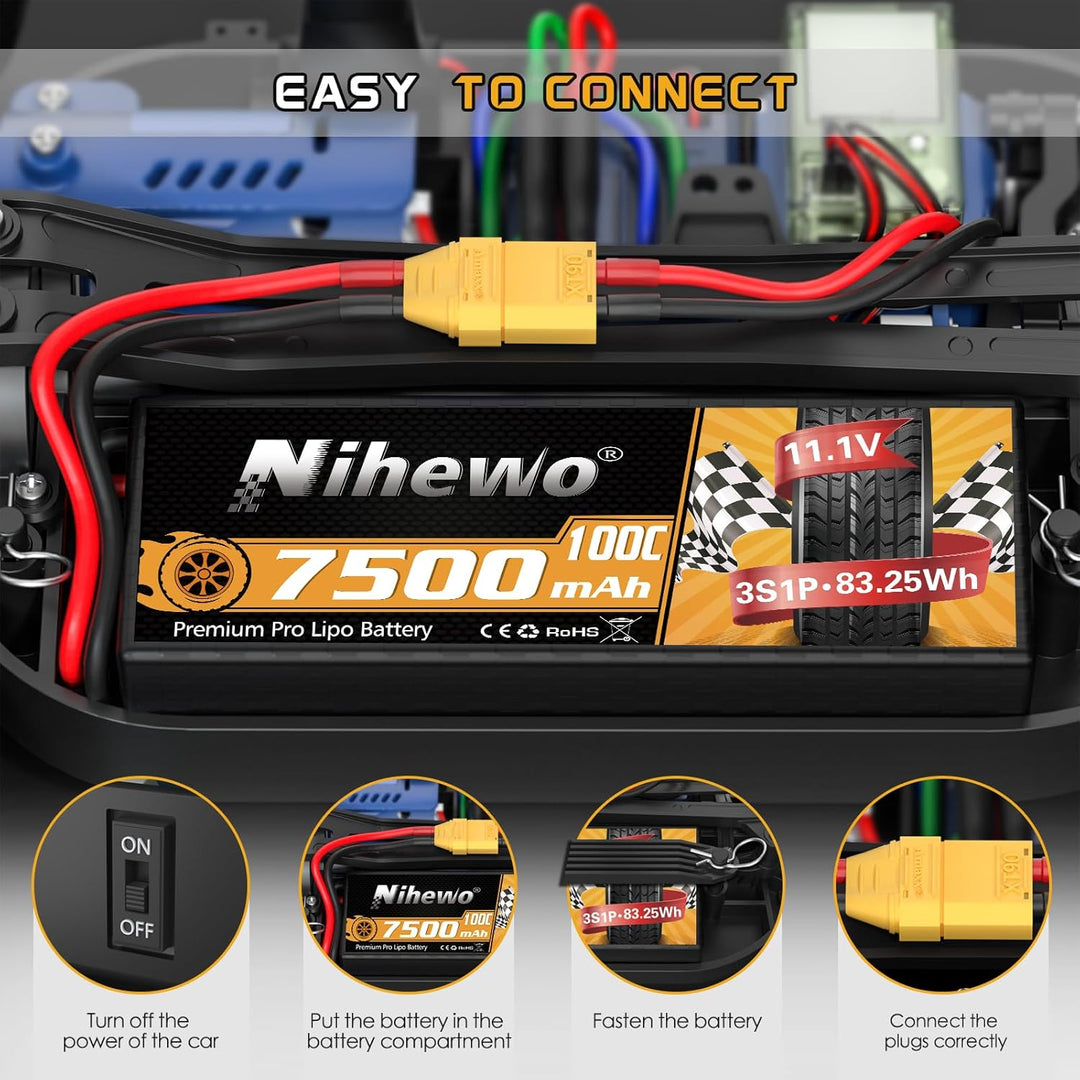 3S Lipo-Akku, 2 Packungen RC-Akku 11,1V 7500mAh 100C 3S Lipo-Hartschalengehäuse XT90-Anschluss kompa
