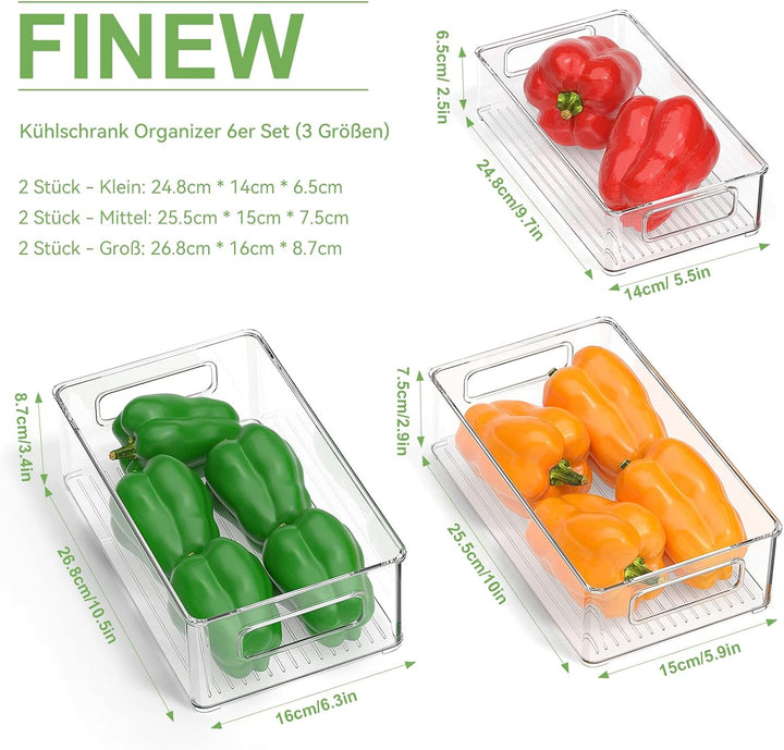 FINEW Kühlschrank Organizer 6er Set (3 Grössen), Stapelbare Speisekammer Vorratsbehälter, Durchsicht