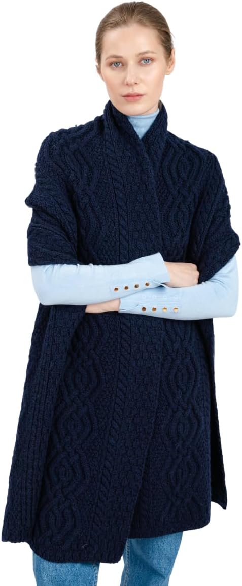 SAOL 100% Merinowolle Klassische Warme Irische Aran Cable Wickeln Schal für Damen Marine, Marine