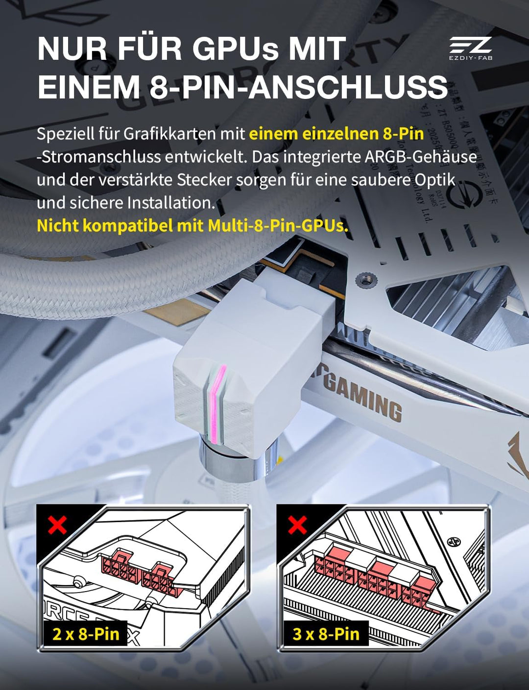 EZDIY-FAB UNIFAS ARGB 8-Pin PCIe-GPU-Verlängerungskabel, 16AWG, 90-Grad-Rechtwinkelstecker, 5V 3-Pin