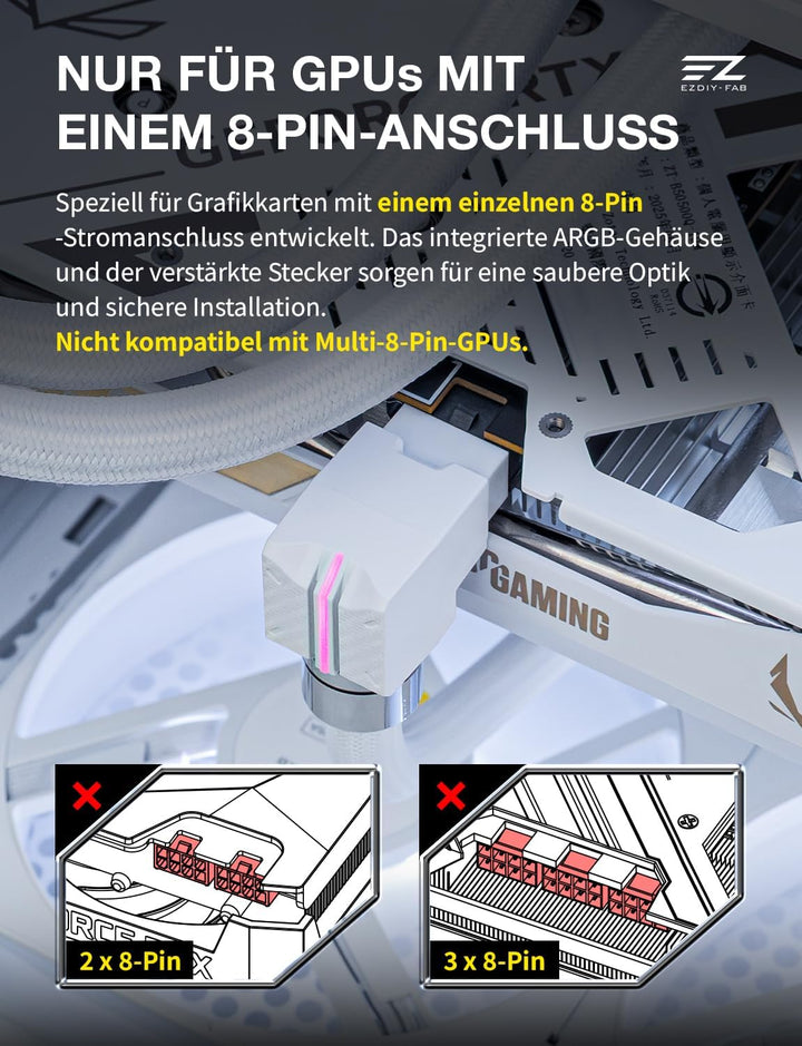 EZDIY-FAB UNIFAS ARGB 8-Pin PCIe-GPU-Verlängerungskabel, 16AWG, 90-Grad-Rechtwinkelstecker, 5V 3-Pin