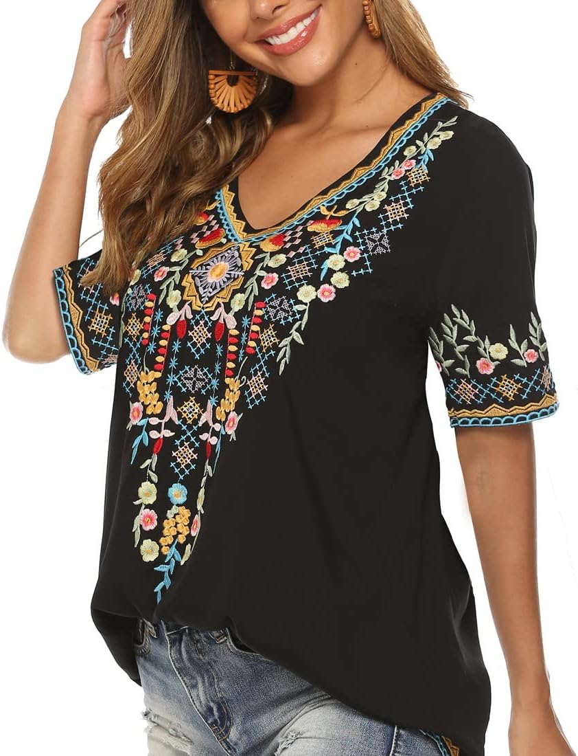 Seasonal Tunika Damen Sommer Boho Folklore Bluse mit Stickerei Oberteil Hippie Trachten Kurzarm Klei