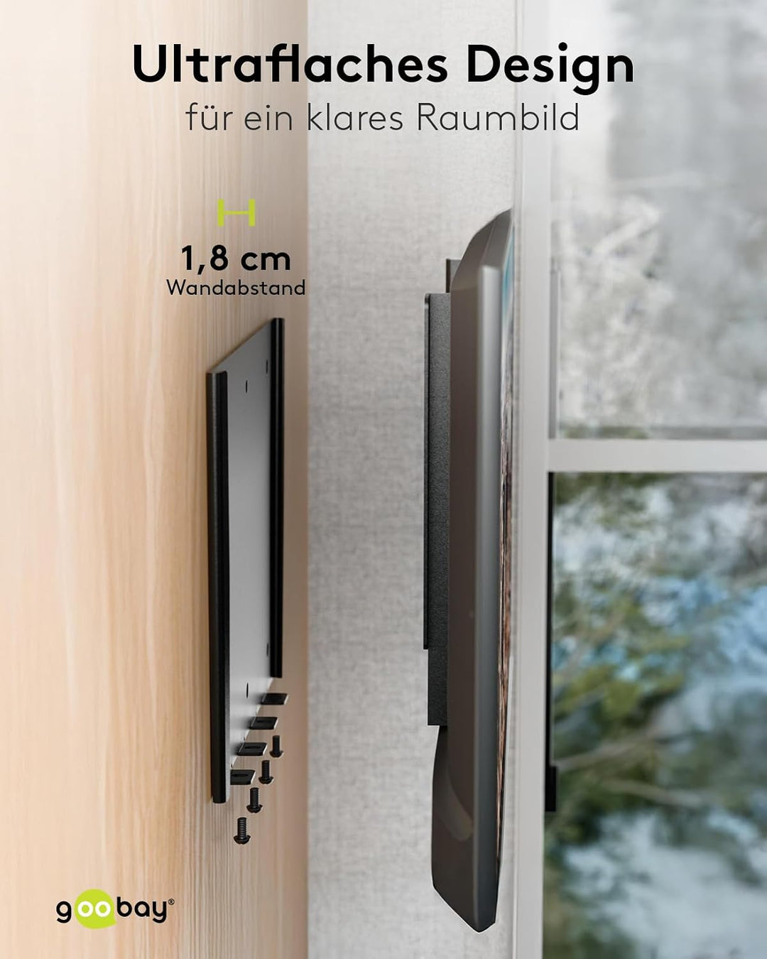 goobay TV-Wandhalterung Wohnmobil 23–42 Zoll, starr, ultraflach 18 mm, VESA 200x200, bis 30 kg, mit
