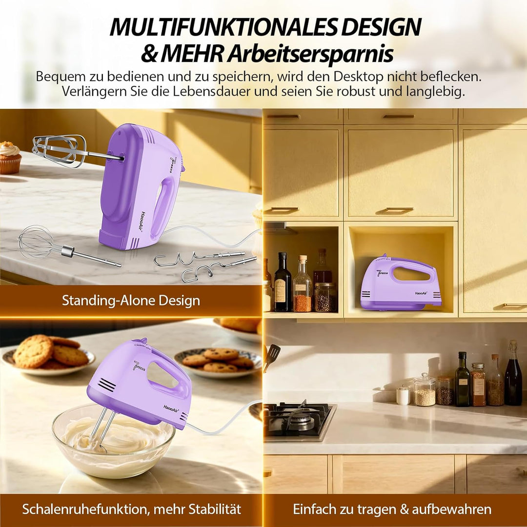 Handmixer, 7-stufig einstellbarer Küchenmixer, 304 Edelstahl-Zubehörteile (1X Schneebesen, 2X Knetha