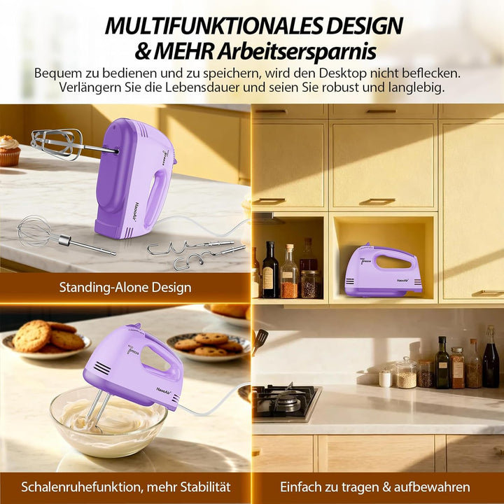 Handmixer, 7-stufig einstellbarer Küchenmixer, 304 Edelstahl-Zubehörteile (1X Schneebesen, 2X Knetha