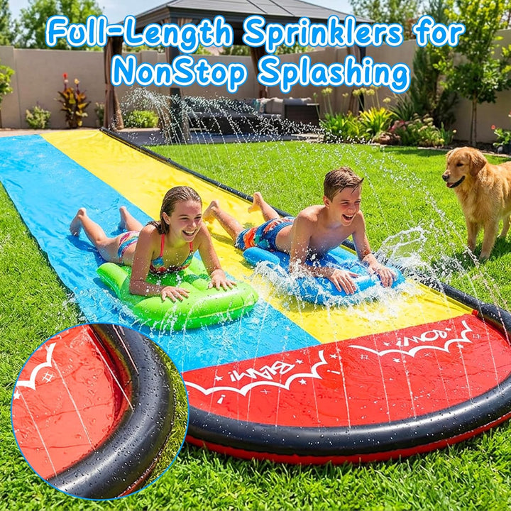 Mineup 480 x 140cm Wasserrutsche Garten, Wasserrutschmatte mit 2 Bodyboards, Doppelrutsche mit Einge