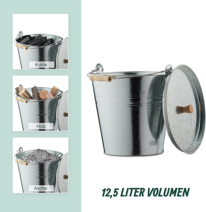 Relaxdays Ascheeimer mit Deckel, 12,5 Liter, Henkel mit Holzgriff, für Kohle & Asche, Kamin, Stahl A