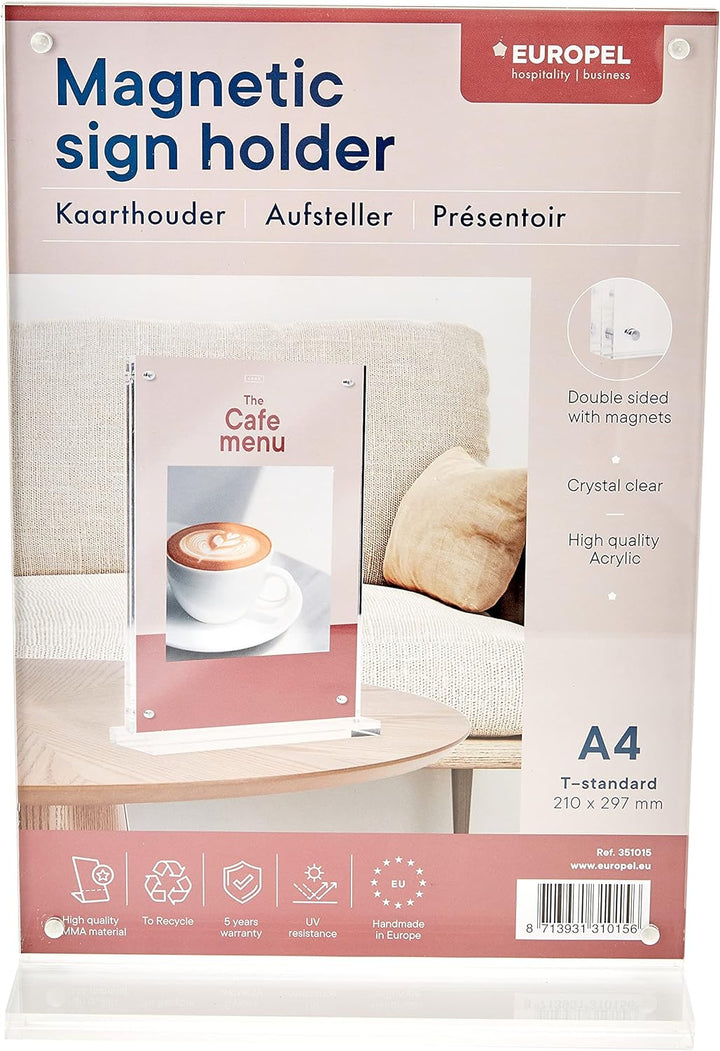 EUROPEL Luxe Tischaufsteller DIN A4, T-Aufsteller, mit Magnete, Hochformat, Acryl, Speisekarten & Pr