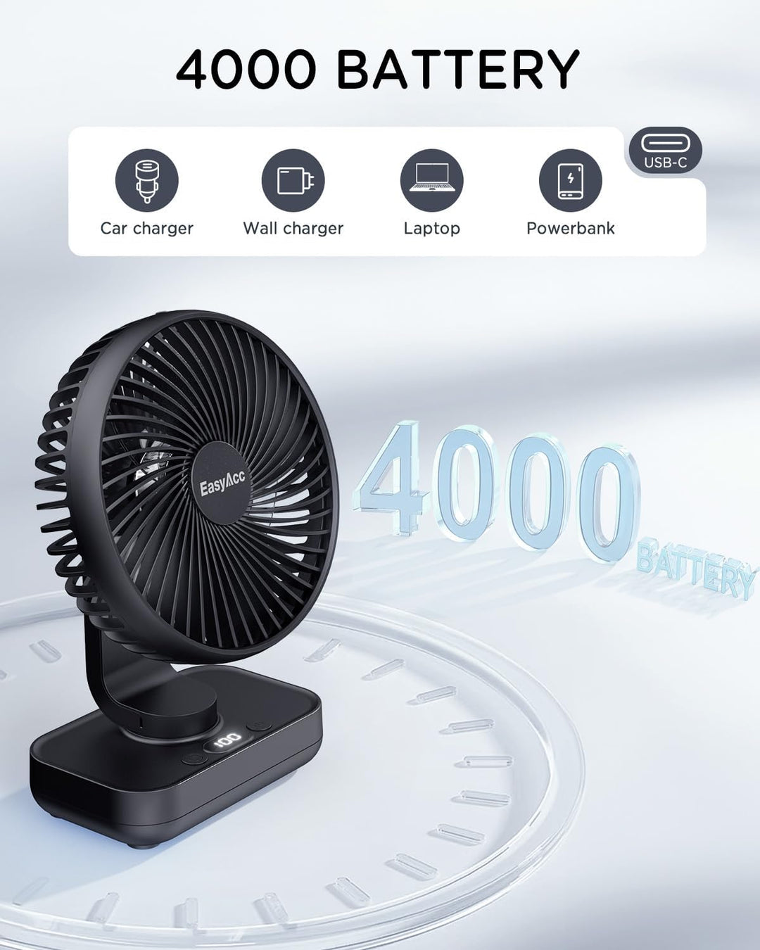 EasyAcc Tischventilator Oszillierend Batterie USB Ventilator 4000 Akku Klein Tragbarer 4 Geschwindig
