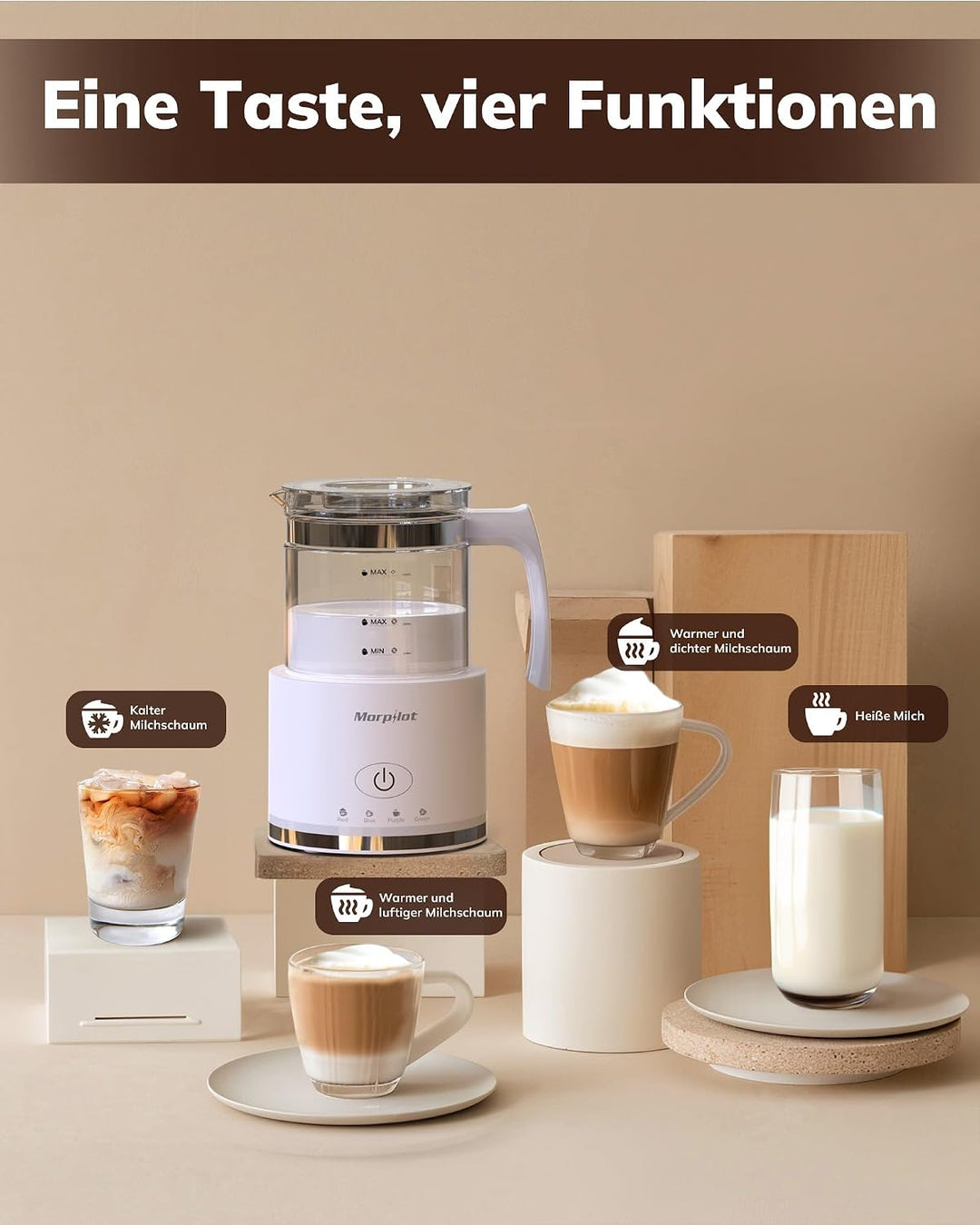 Morpilot Milchaufschäumer Elektrisch, 500ml 600W, 4 in 1 Milchschäumer für Heisser und Kalter, Visue