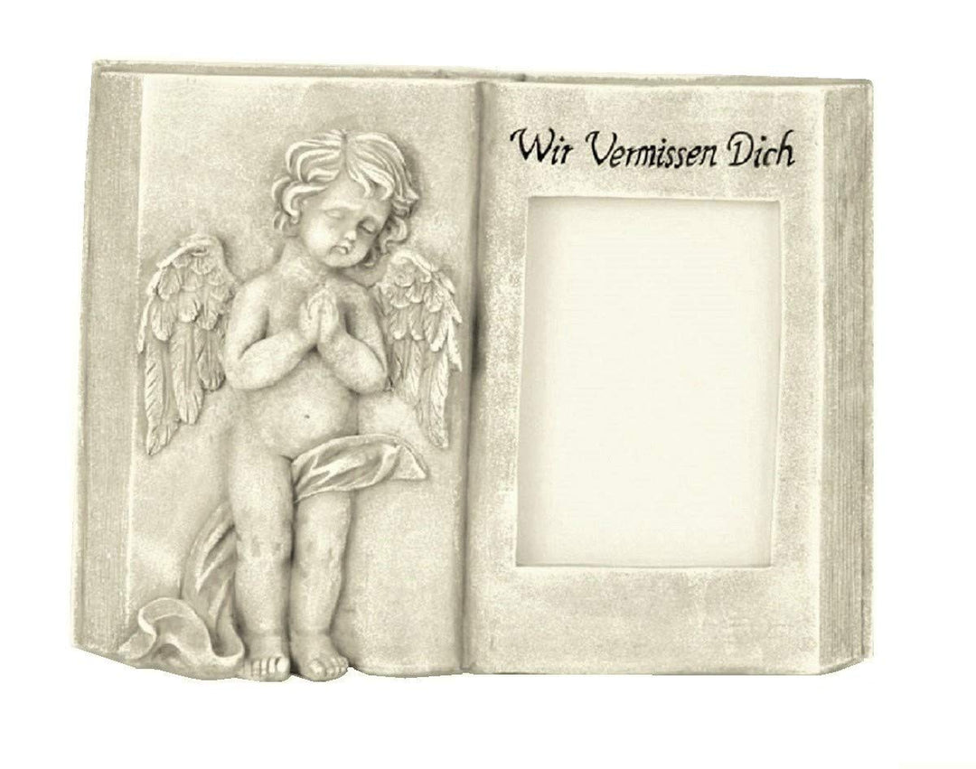 Geschenkestadl Grabschmuck aufgeschlagenes Buch mit Engel und Foto Fenster und Aufschrift Wir vermis