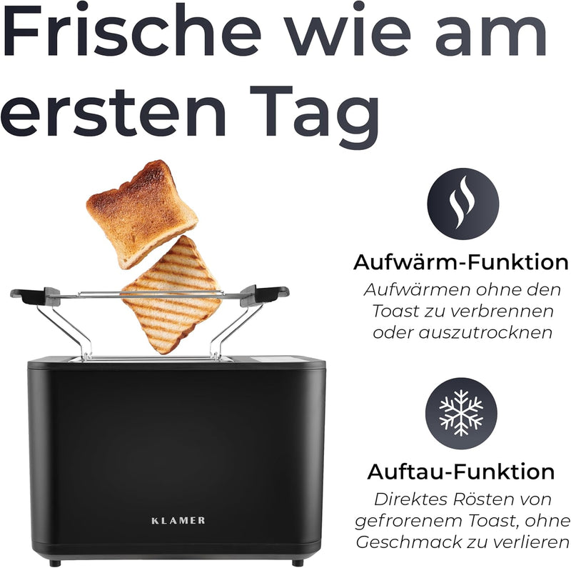 KLAMER Toaster, Toaster mit Brötchenaufsatz, hochwertiger 2 Scheiben-Toaster, 6 Bräunungsgrade, Touc