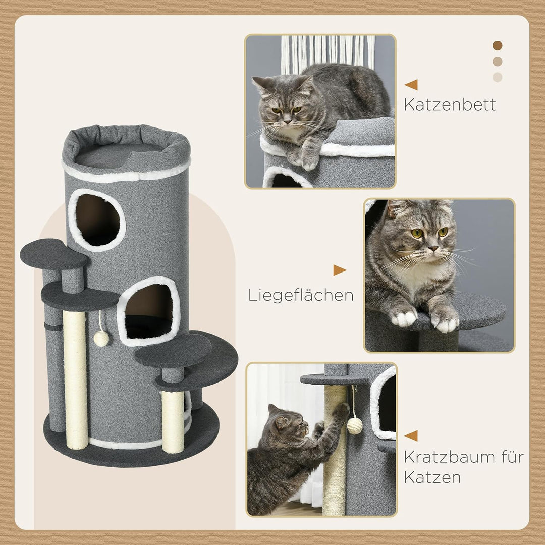 PawHut Kratztonne mit 3 Höhlen Spielball für Mittelgrosse Katzen 99 cm Grau | Katzentonne, Sisalstäm