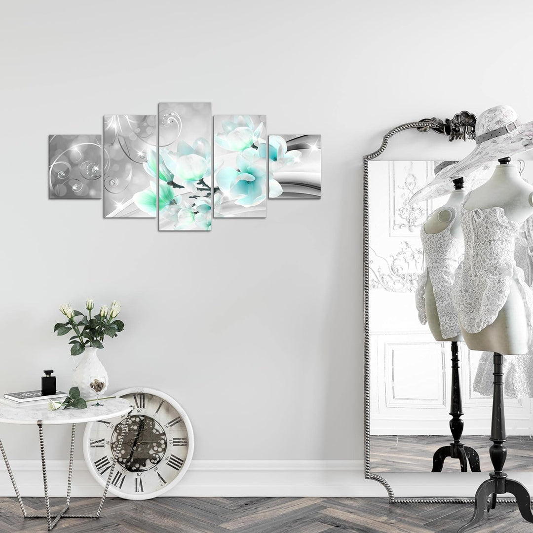 Runa Art Wandbilder Blumen Abstrakt 5 Teilig Bild auf Vlies Leinwand Deko Wohnzimmer Diamant Grau Tü