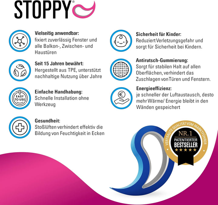 STOPPY, Stoppi, Fensterstopper, Türstopper, Türkeil, Türhaken, Fensterklammer, 12er Set (erhältlich