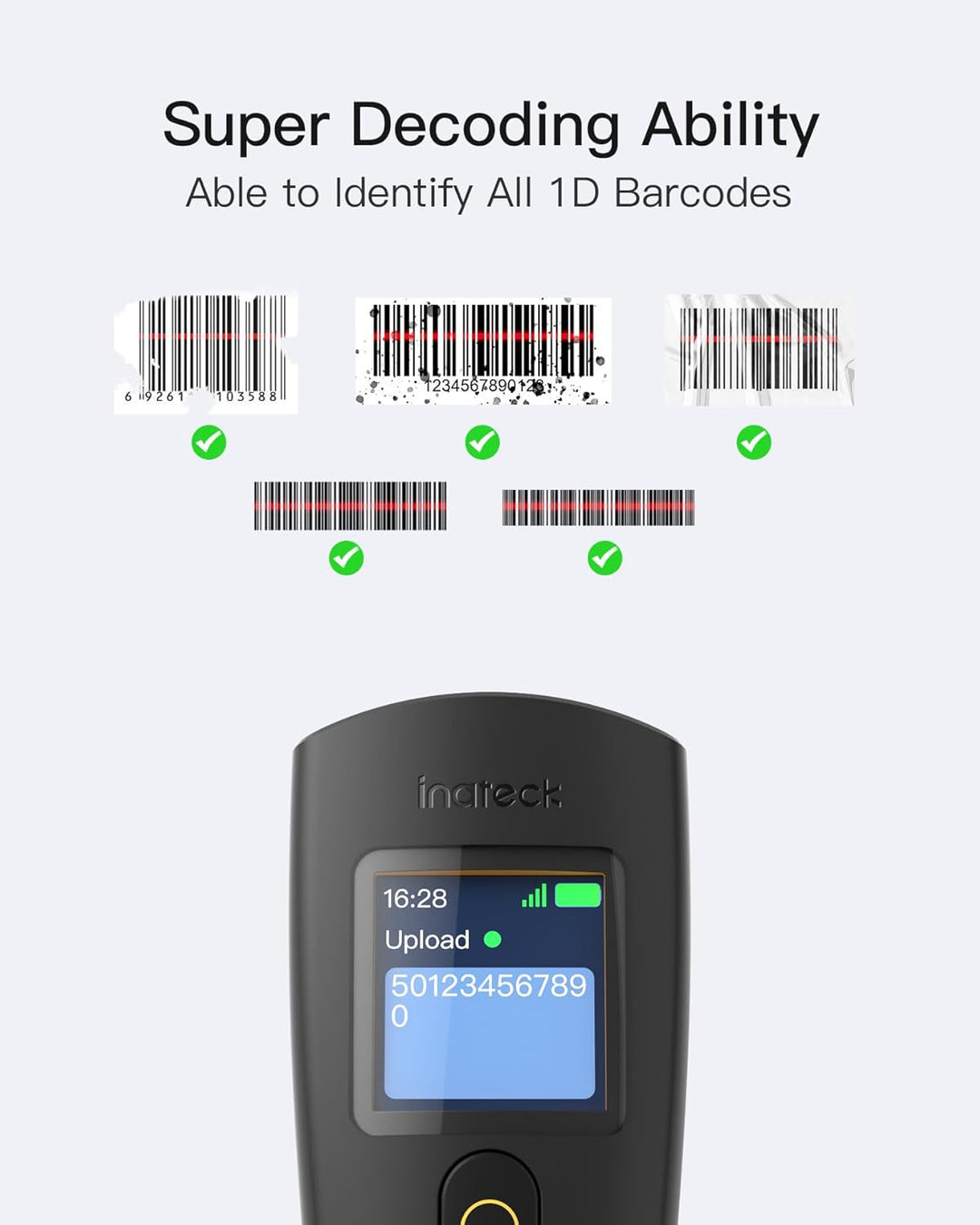 Inateck Barcode Scanner Kabellos 1D, Handscanner Kleine Tasche für Inventar, 3 in1 Bluetooth & USB K