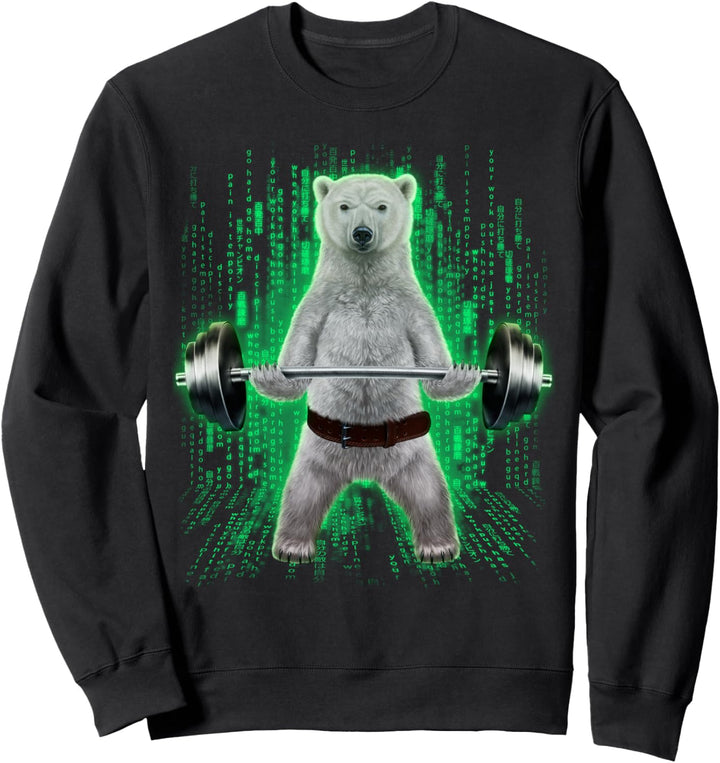 Eisbär, der Gewichte im Cyber-Fitnessstudio hebt Sweatshirt