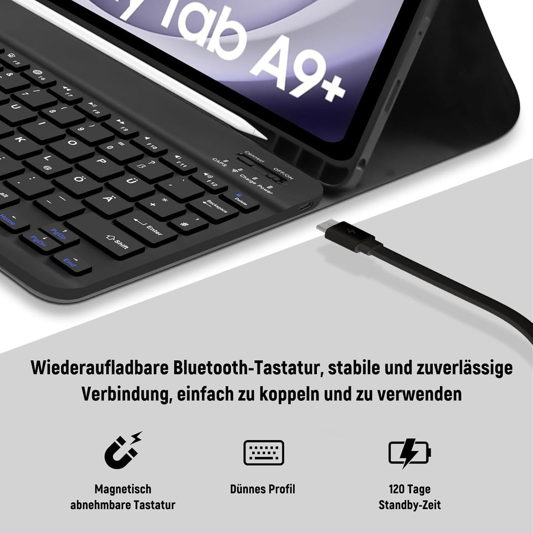 Samsung Galaxy Tab A9 Plus 11 Zoll 2023 Hülle Tastatur, Galaxy Tab A9 Plus Hülle mit QWERTZ Deutsche