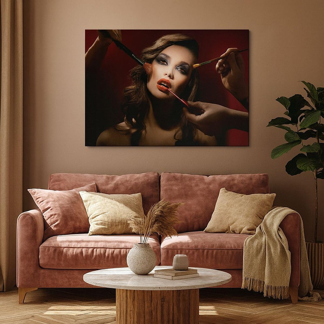 Bilder auf Leinwand 100x70cm Leinwandbild mit Rahmen Frau Make-up schön Gross Wanddeko Bild Schlafzi