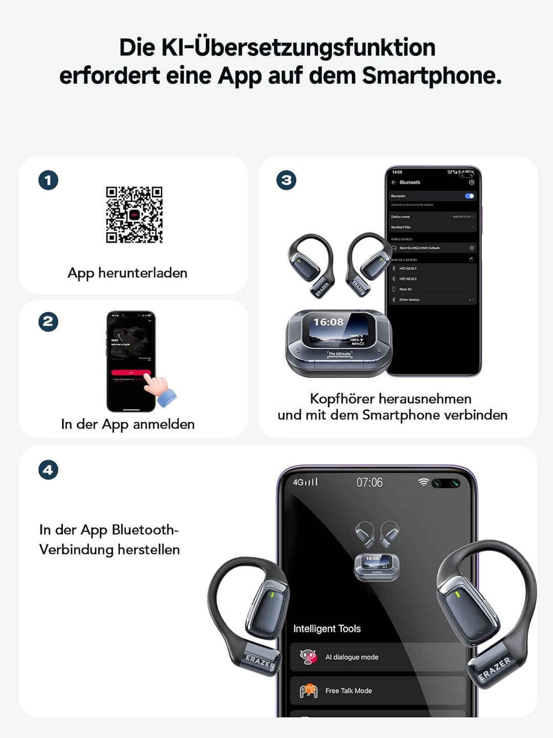 Relxhome AI übersetzer kopfhörer, 3-in-1 übersetzungskopfhörer 134 Sprachen mit App, 60H Bluetooth 5