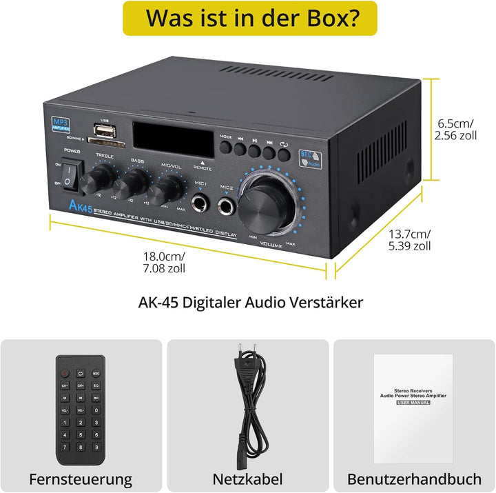 PROZOR Verstärker HiFi Digitaler Audio Verstärker Audio Power Stereo Verstärker AK-45 Receiver Bluet