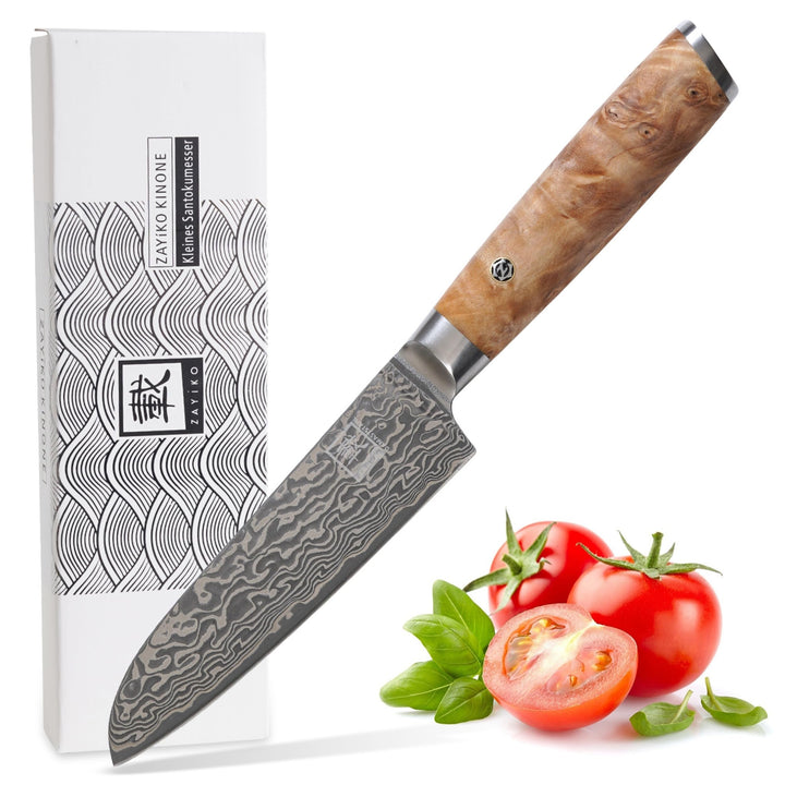 zayiko Kinone Premium Kleines Santokumesser - 12 cm Klinge, 67 Lagen Damaststahl, ergonomischer Birk