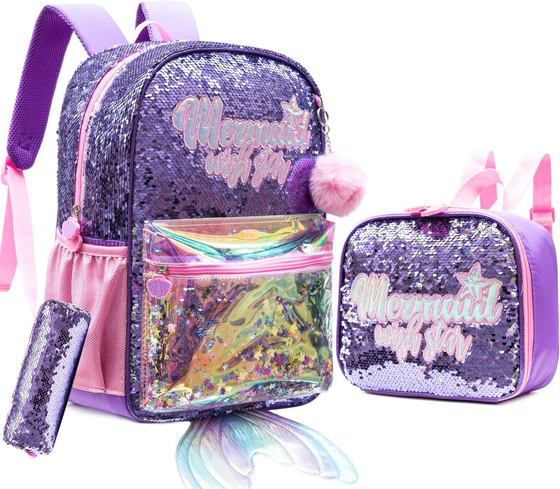 HTgroce Lila Meerjungfrau Schulrucksack Set 3 Teilig, Schultasche ab 3. Klasse, Grundschule Ranzen,