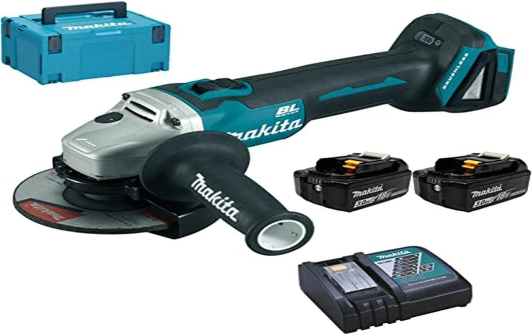 Makita DGA504RFJ Winkelschleifer 125 mm + 2 Akkus 18 V 3 Ah Li-Ion + Koffer Makpac, blau